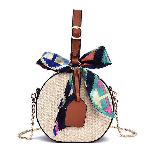 Women Straw Round Crossbody Bag Twilly Scarf Woven Detail Bag