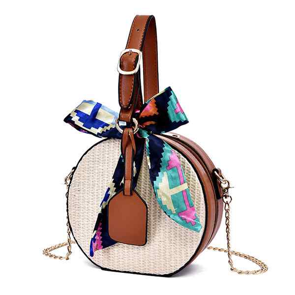 Women Straw Round Crossbody Bag Twilly Scarf Woven Detail Bag