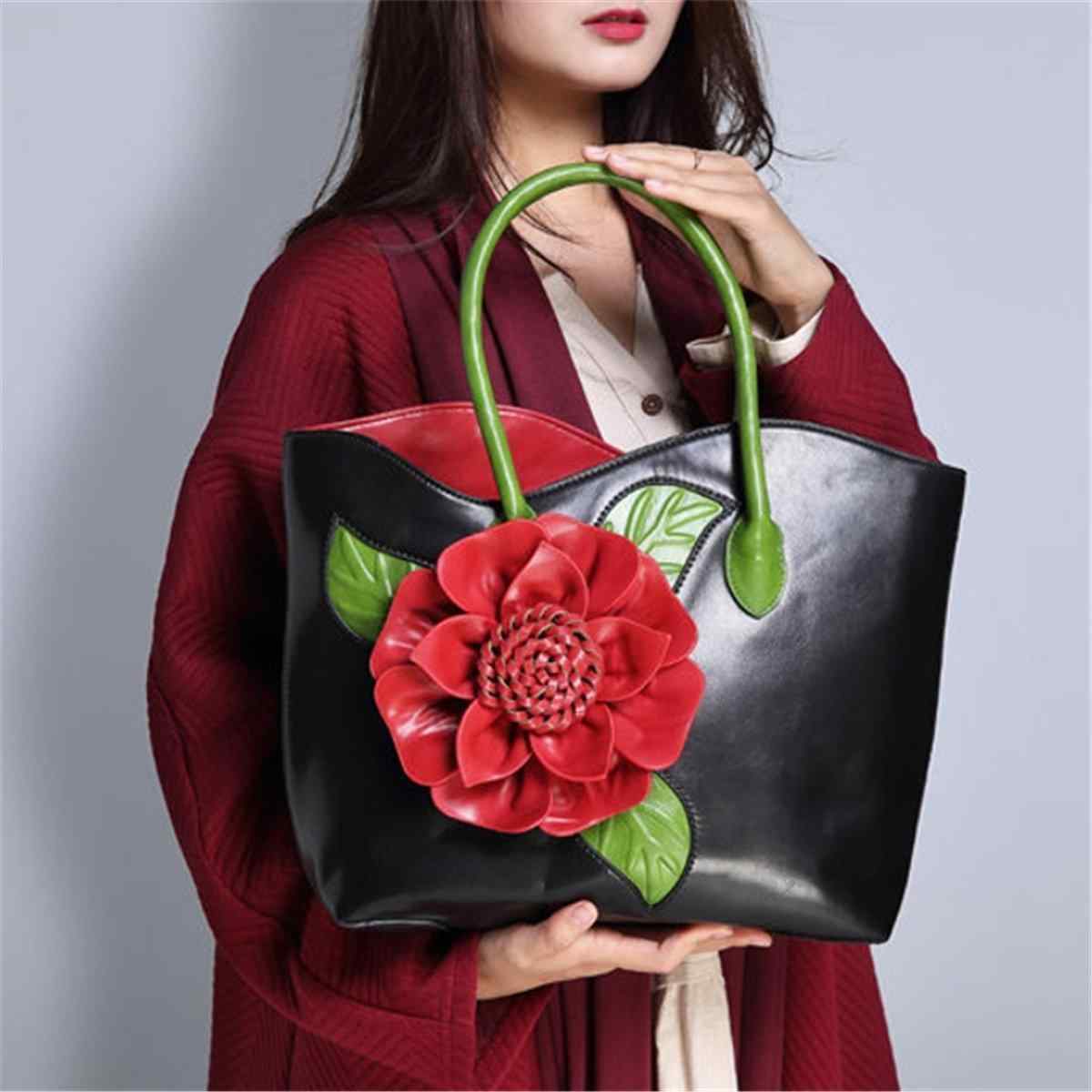 Women National Style Flower Decoration Handbag PU Leather Sling Bag