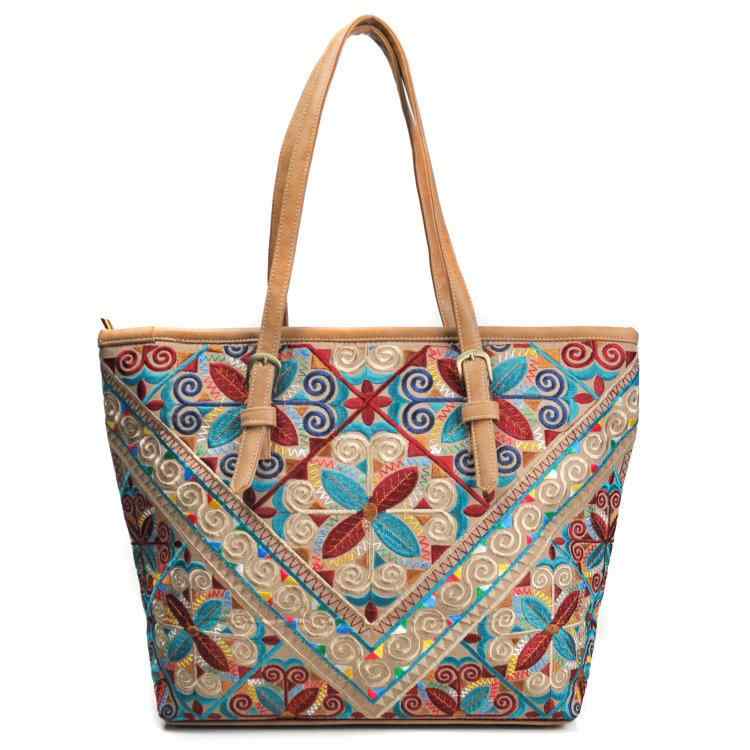 National Embossed Flowers Tote Handbags Vintage Geometry Shopping Bags