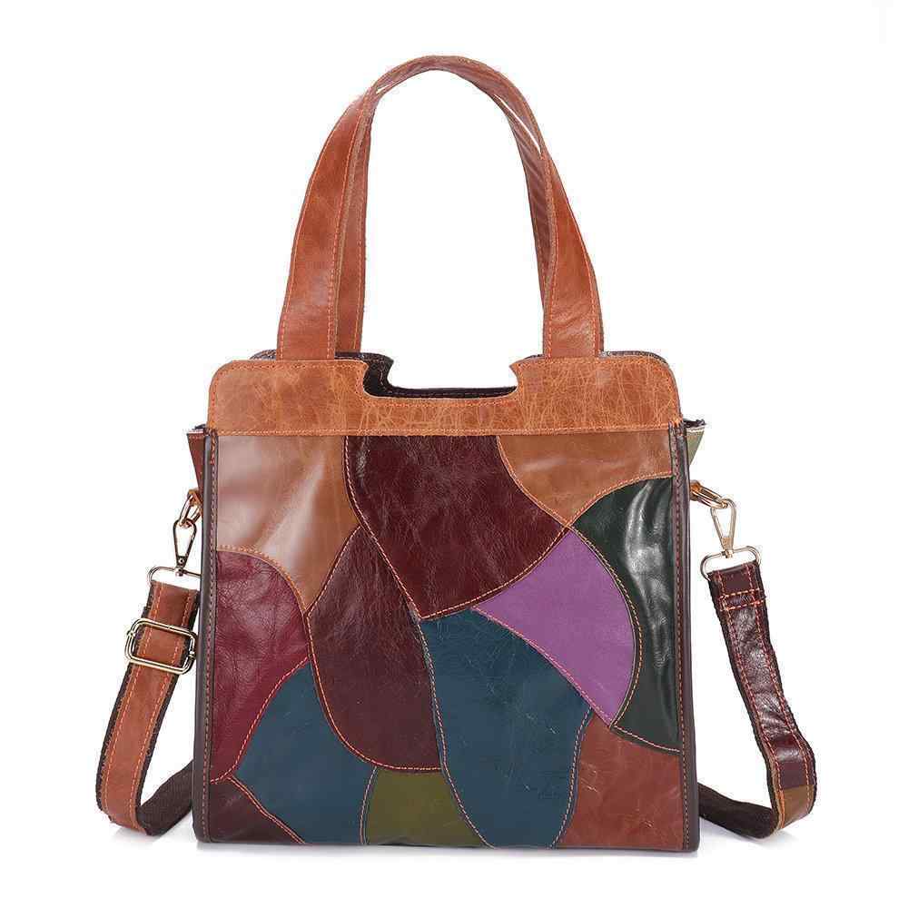 Women Patchwork Genuine Leather Tote Bags Large Capacity Handbags Bohemian Vintage Crossbody Bags