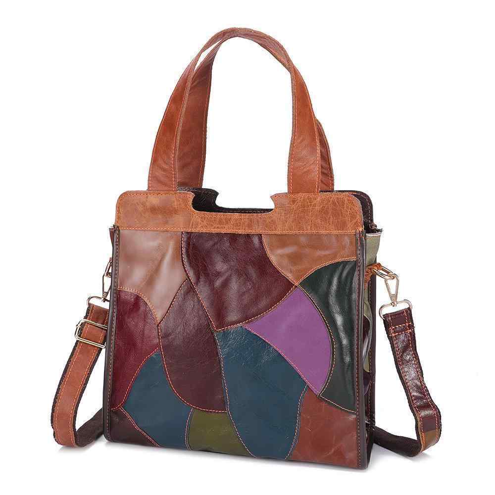 Women Patchwork Genuine Leather Tote Bags Large Capacity Handbags Bohemian Vintage Crossbody Bags