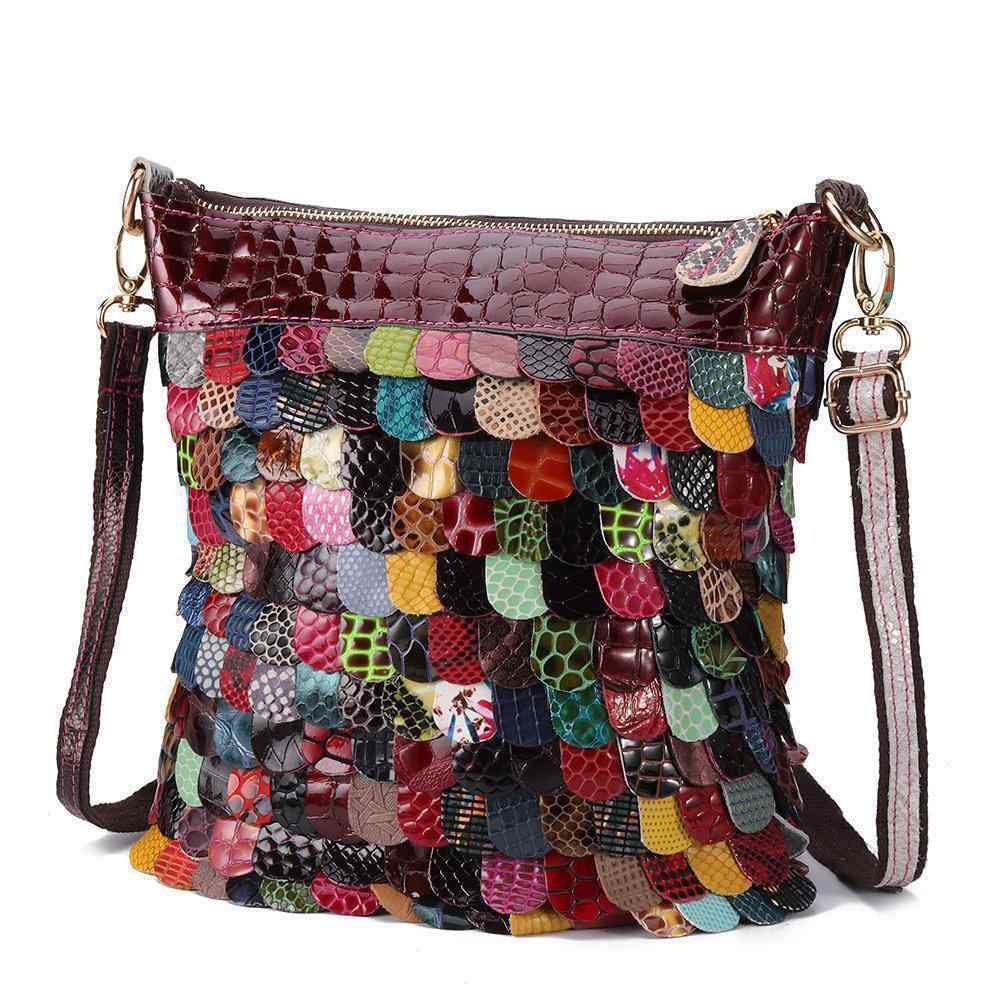 Women Bohemian Floral Genuine Leather Handbags Bright Crossbody Bags