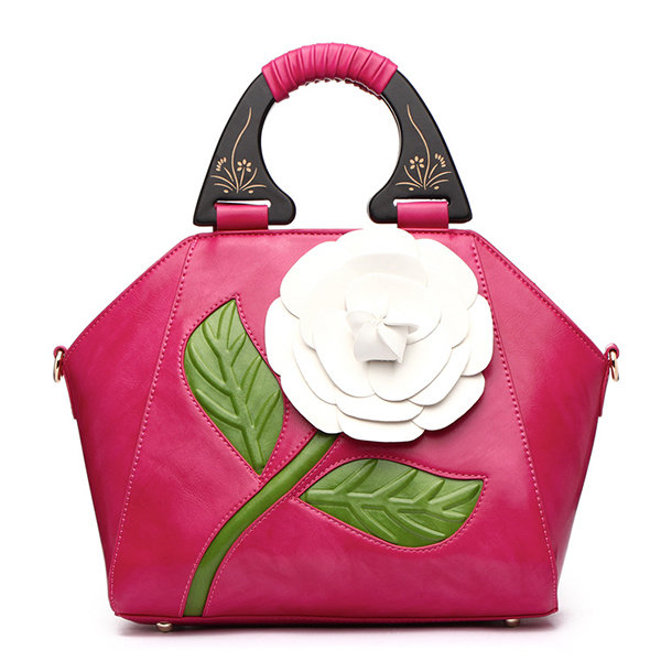 Women National Style Recorative Roses Wooden Handle PU Leather Handbag