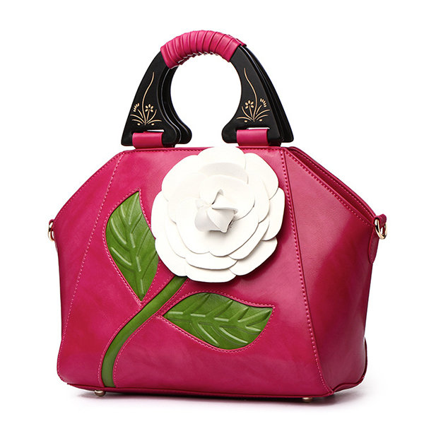 Women National Style Recorative Roses Wooden Handle PU Leather Handbag