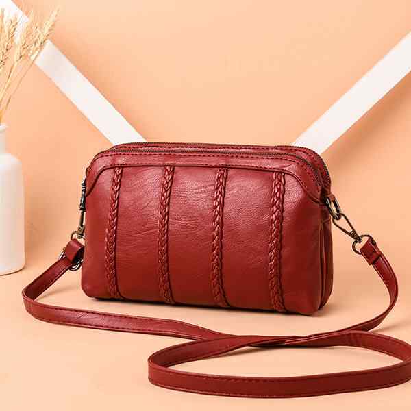 Women Vintage Soft PU Leather Crossbody Bag Solid Double Layer Shoulder Bag