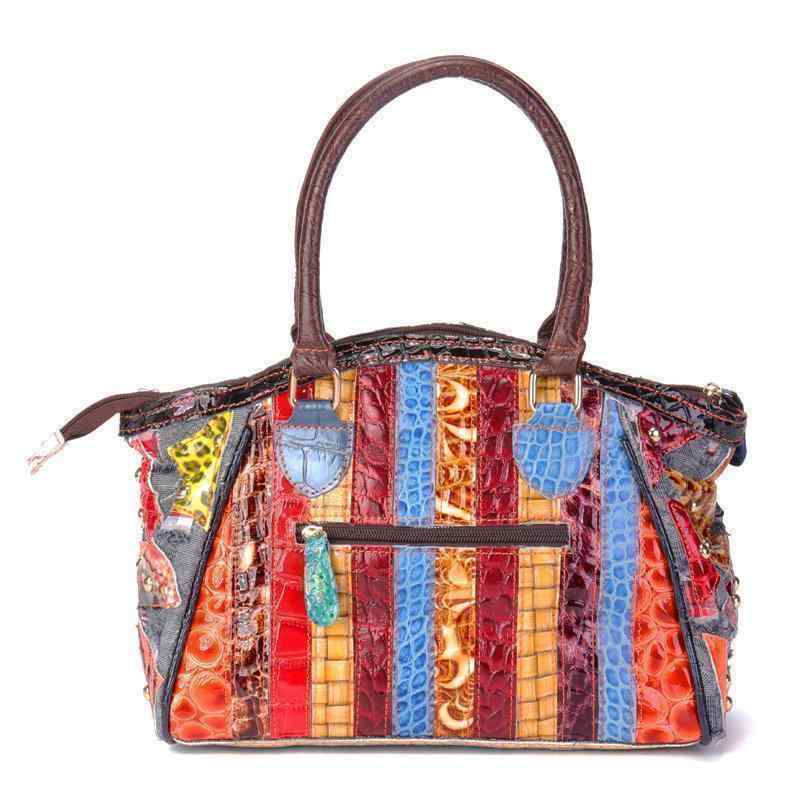 Women Stitching Patchwork Handmade Vintage Genuine Leather Handbags