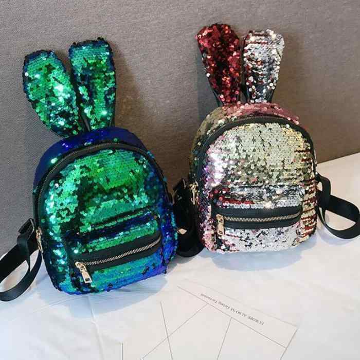 Women Rabbit Ears Sequined Shoulder Bag Colorful Backpack Cute Reflective Bag