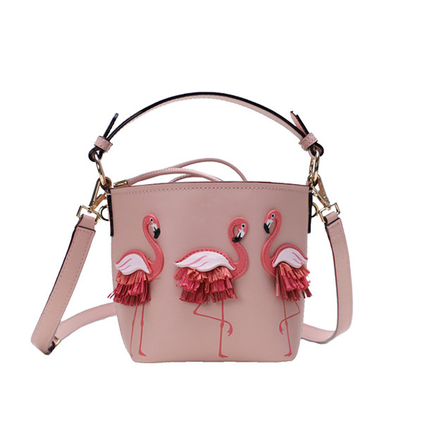 Women Flamingo Stylish Crossbody Bag PU Leather Bucket Bag Casual Shoulder Bag