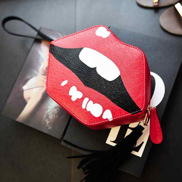 Women PU Leather Bags Red Lips Shoulder Bags Tassel Crossbody Sweet Lolita Bag