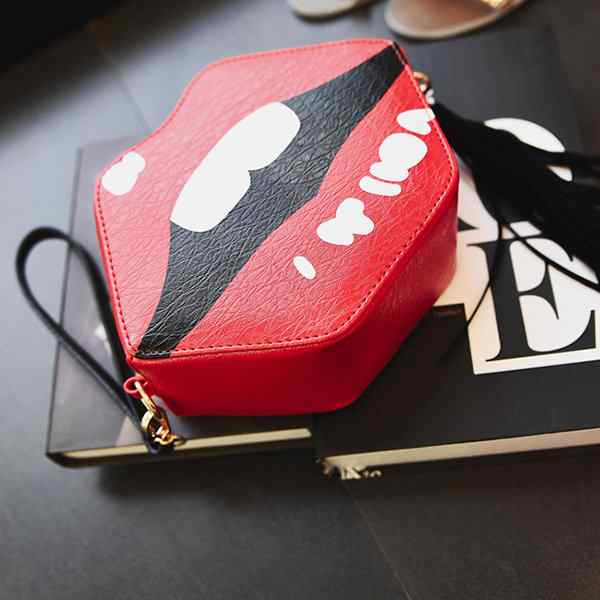 Women PU Leather Bags Red Lips Shoulder Bags Tassel Crossbody Sweet Lolita Bag